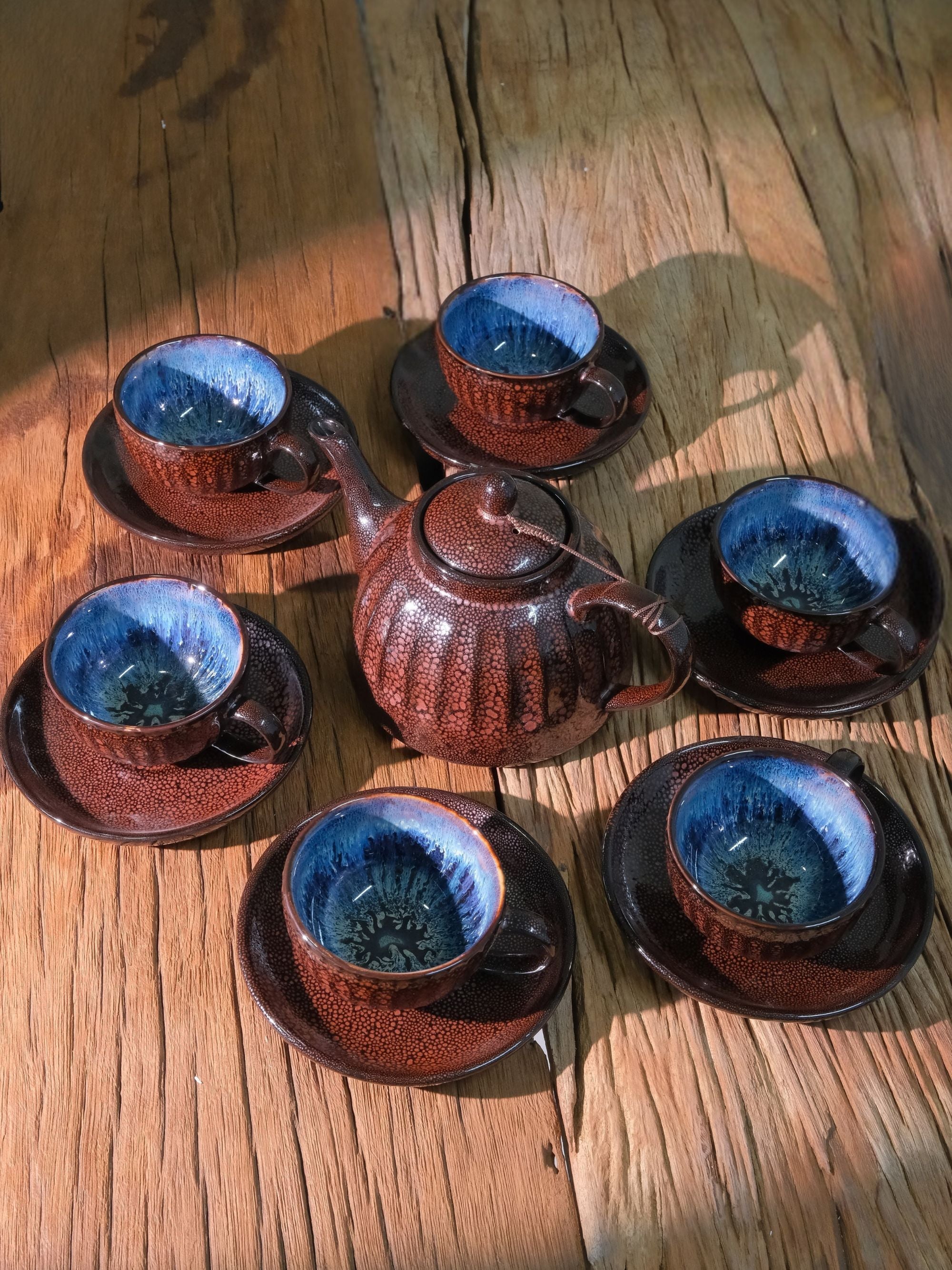 Handmade Ceramic Tea Set – Teapot, 6 Cups & Tray