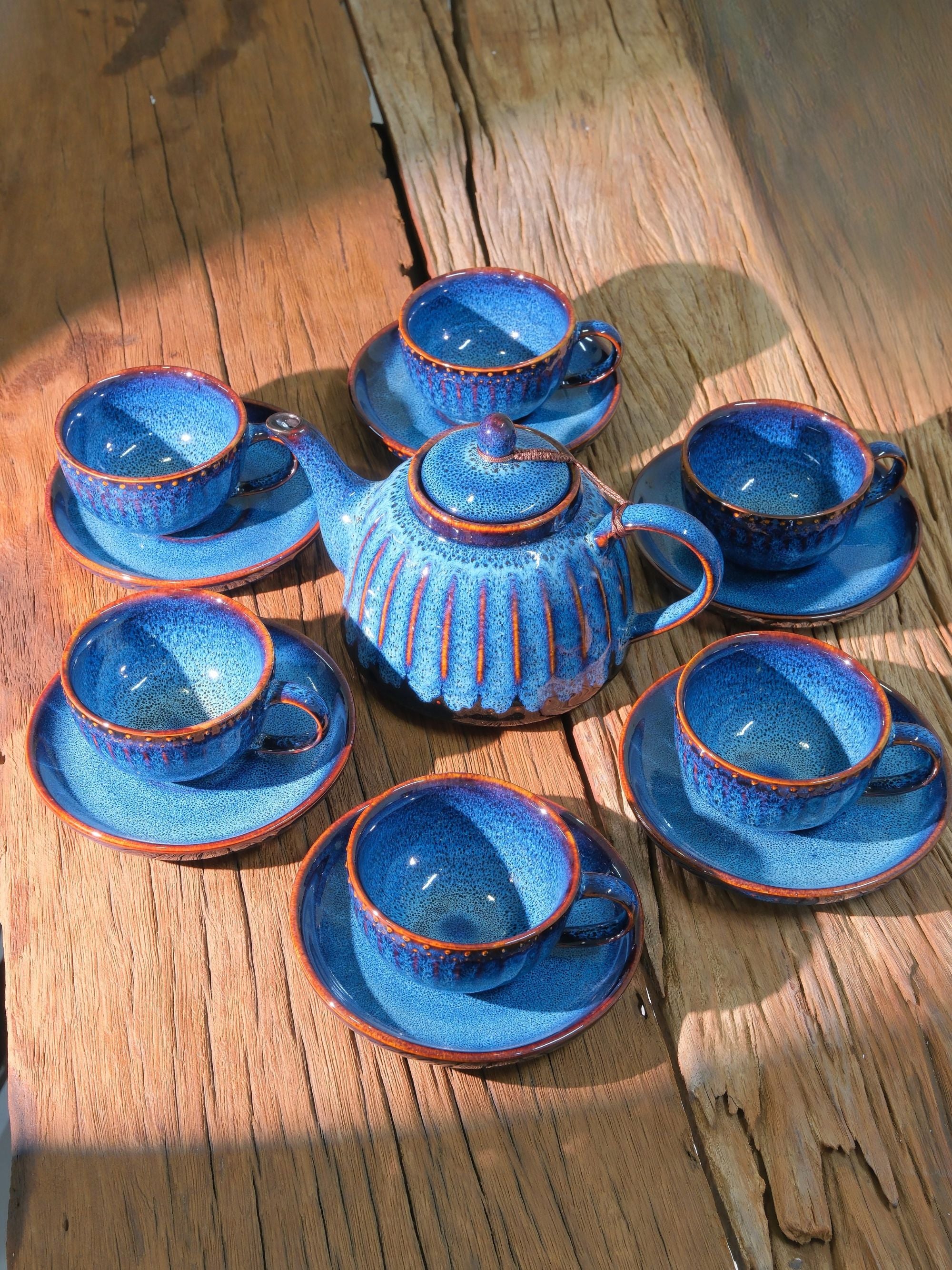 Handmade Ceramic Tea Set – Teapot, 6 Cups & Tray